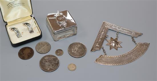 A silver-mounted glass travelling inkwell, a Victorian Masonic jewel, a pair of silver cufflinks and a small group of coins,